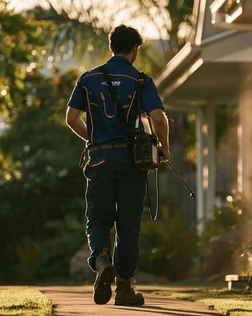 Pest control technician walking along the path beside a Queensland home