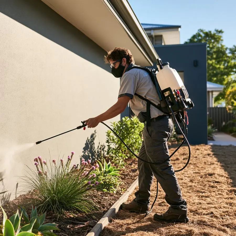 Pest control technician spraying the garden bed along the side of a home
