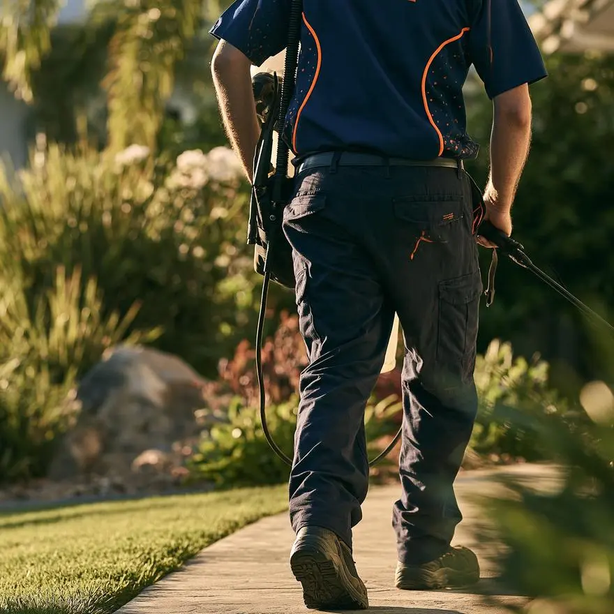 Pest control technician carrying spray equipment up the path to a home